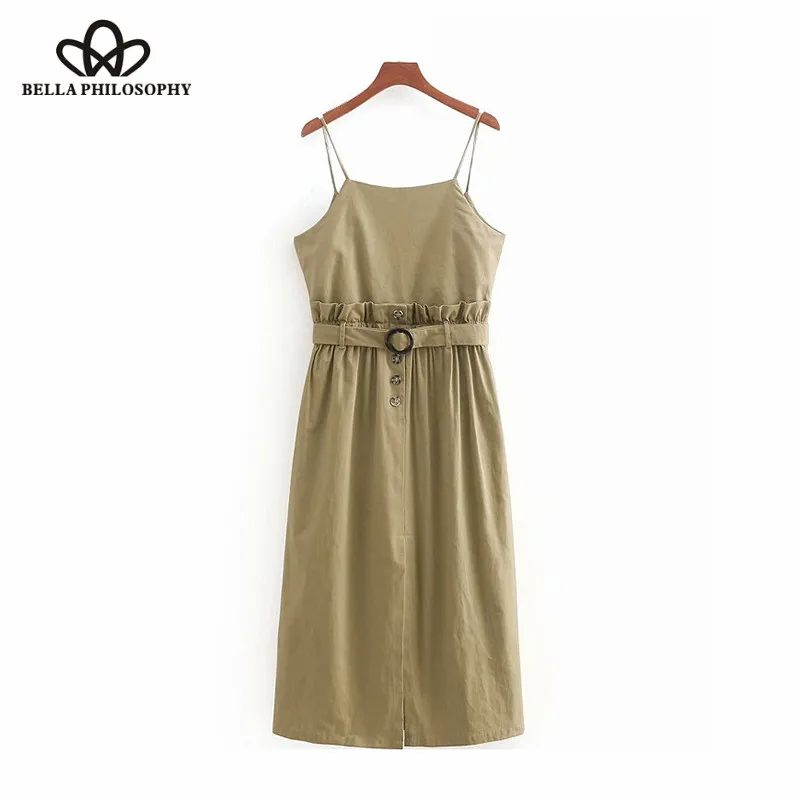 Wonder 2018 women vintage sashes decoration sling midi dress elegant waist pleated ruffles vestidos casual button straight dress