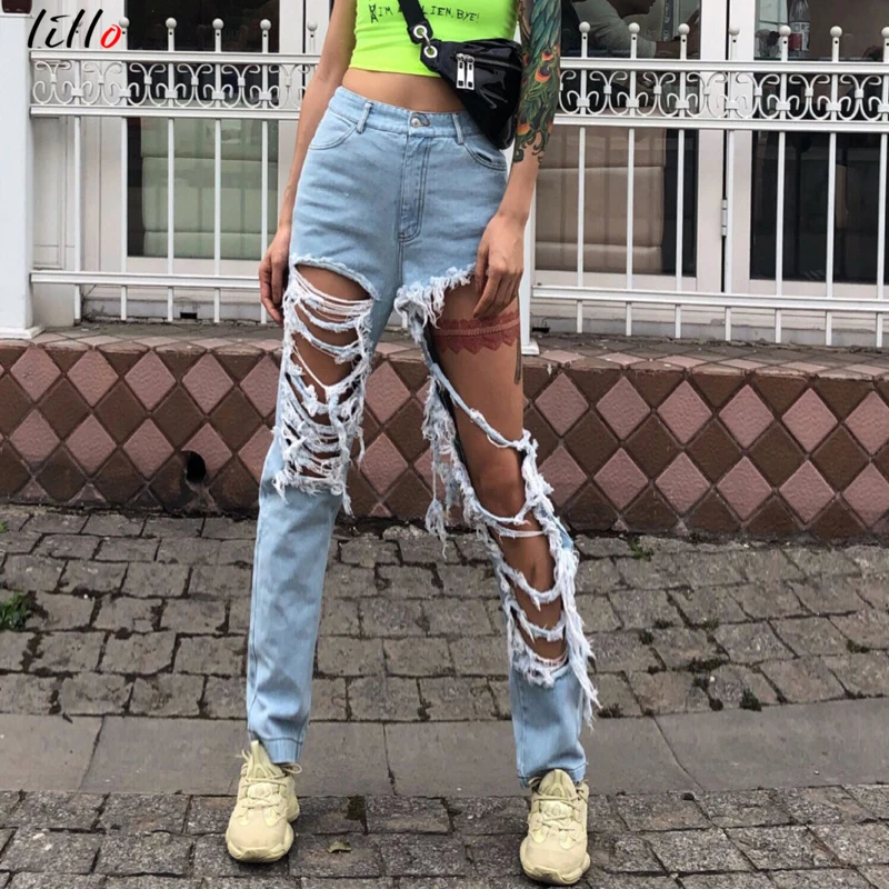 

2019 fashion jeans women's exaggerated big hole wild trousers personality versatile wash jeans women's tide unique design light