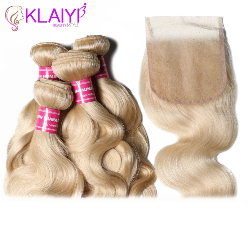 Klaiyi волосы бразильские человеческие пучки с закрытием #613 волнистые Remy Weave 4 пучка