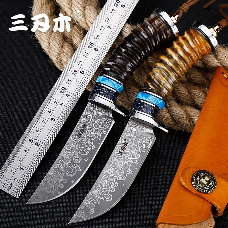 Sanrenmu S751 Fixed Blade Knife Damascus Steel Blade Outdoor Camping Tactical EDC Tool Collection Gift