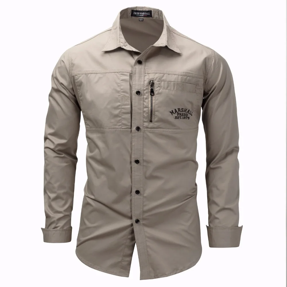 Мужская приталенная рубашка в стиле милитари хаки с длинным рукавом|men shirts