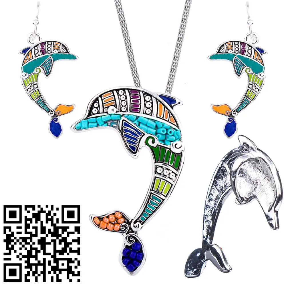 

1set Dolphin Necklace Earring Set Alloy Unique Dolphin Design Party Gift Animal Pendant Jewelry Sets Rainbow Charm Accessories