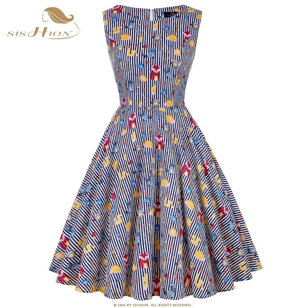 

SISHION Cotton Rockabilly Dress Summer 50s Retro Vintage Dresses Plus Size Women Clothing Pin Up Animal Striped Dress VD0586