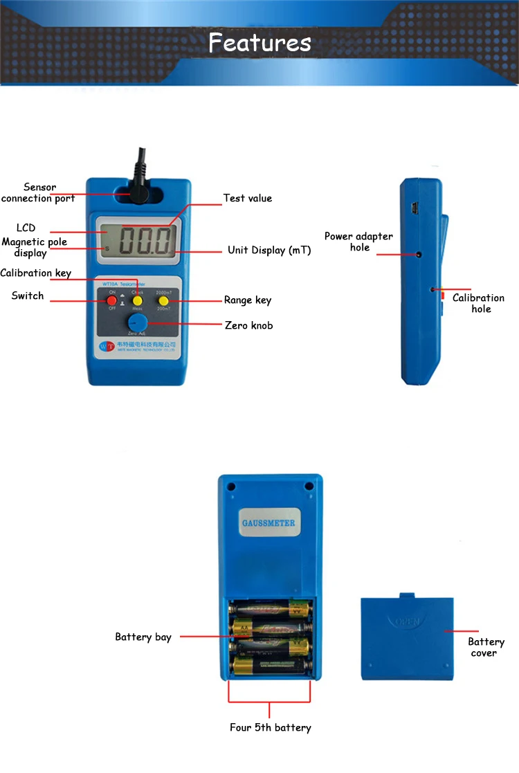 WT10A Magnetometer Surface Magnetic Field Tester Gaussmeter Gigital Gauss Meter Tesla 0~2000mT Fluxmeter Ns function Metal Probe 4