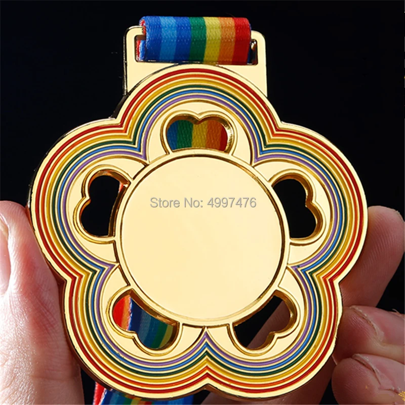 KIDS PACK x10,RIBBONS,EMBLEM or YOUR LOGO RAINBOW COLOUR RUN METAL MEDALS 50mm 