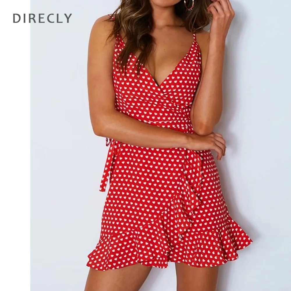 

Direcly Summer Ladies Mini Dress print Red White heart Beach Dress Women Evening Party Dress ruffles Sundress Vestidos de festa