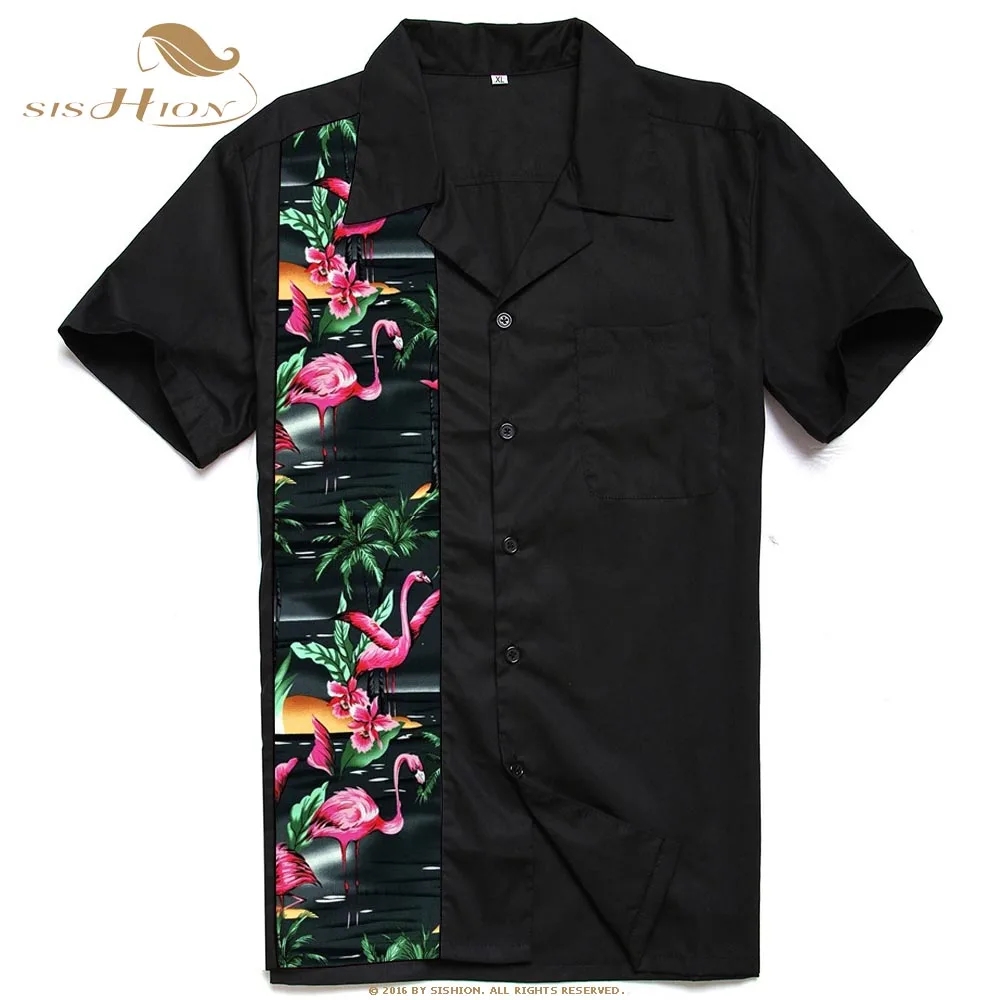 SISHION Palm Flamingo Floral Button Up Shirt ST110 Cotton Black Classical Retro Mid-Century Inspired Men Shirt overhemd