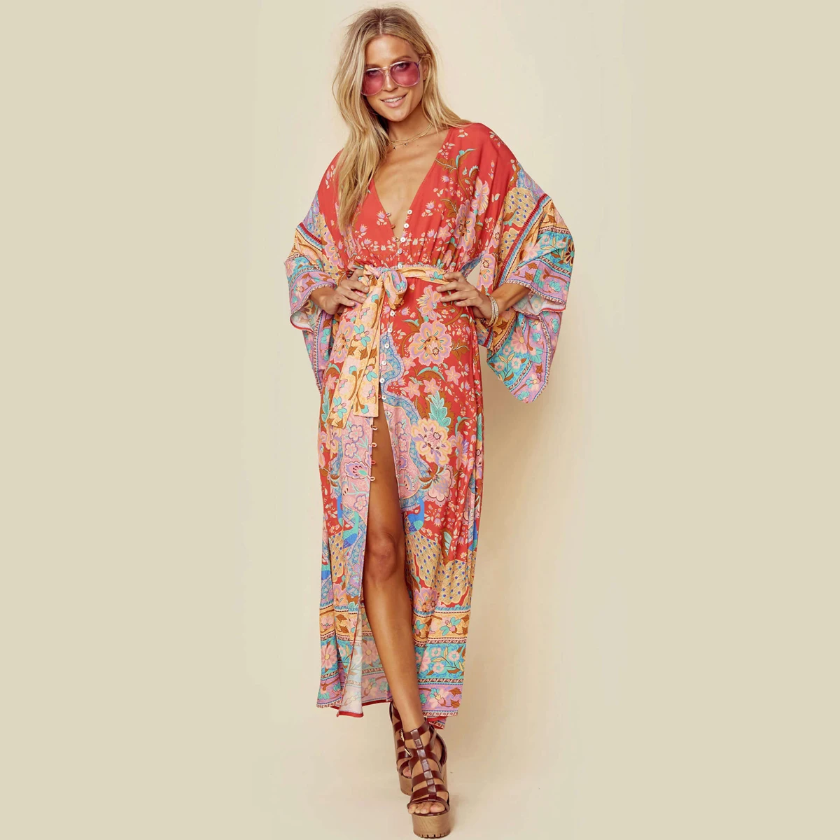 Bohemian Floral Print Maxi Dress Fashion V-Neck With Tie Kimono Gown Women Three Quarter Sleeve Robe Boho Beach Long Dresses Dresses
