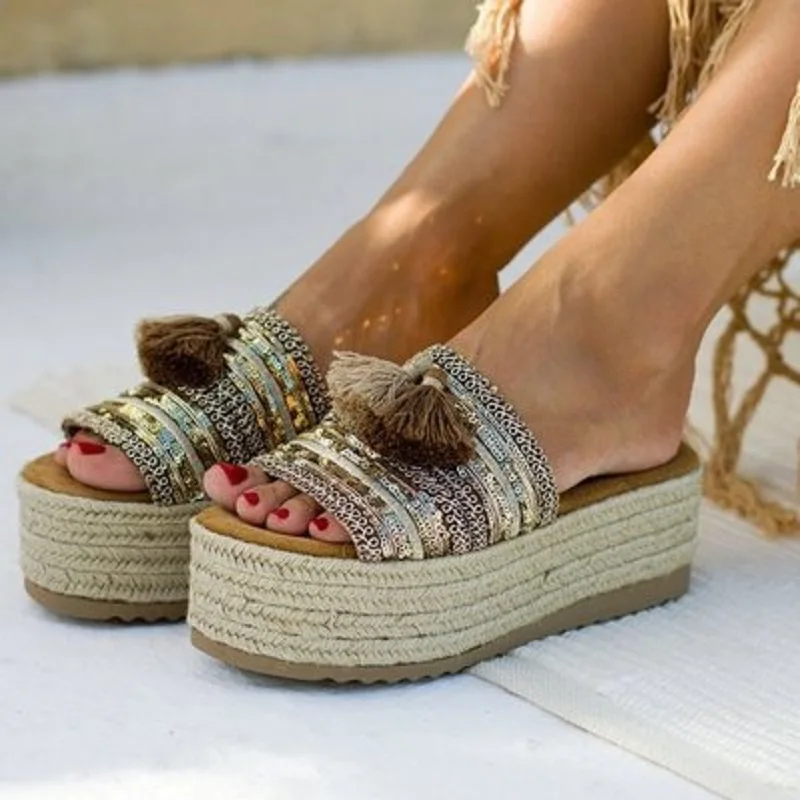 

Flat slippers women platform open toe espadrille sandals summer fringe roman ladies slides flip flops big size female shoes