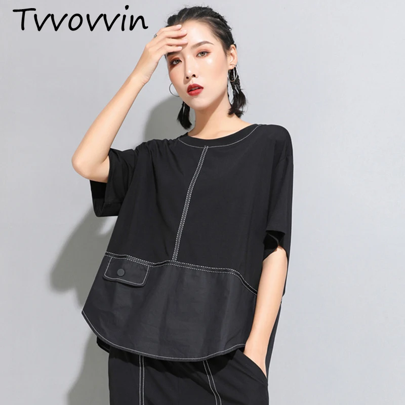 

TVVOVVIN 2019 New Spring Summer Round Neck Half Sleeve Black Button Split Joint Loose Big Size T-shirt Women Fashion Tide V527