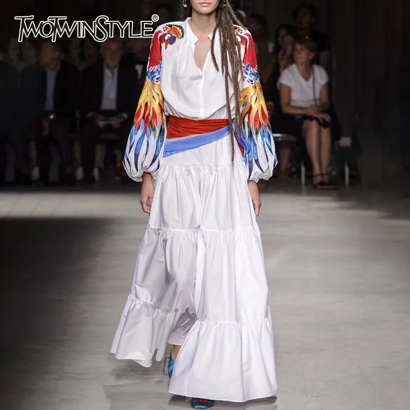

TWOTWINSTYLE Elegant Embroidery Patchwork Women Dress O Neck Lantern Sleeve High Waist With Sashes Long Dresses Female Summer