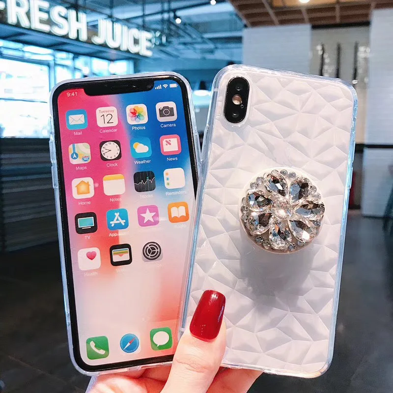 Slim Thin 3D Diamond Patterned Clear Crystal Soft TPU Case Cover sfor iPhone X XS MAX XR 7 8 Plus 6 6s Airbag bracket Stand Capa (8)