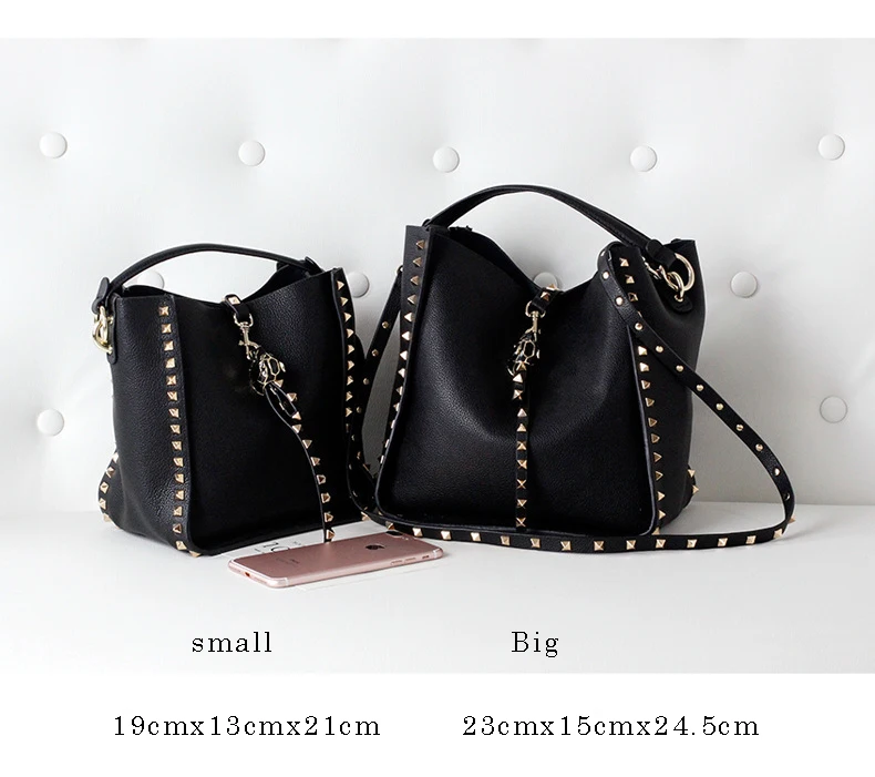 2017 Winter Autumn Famous Brand Designer Women's Bucket Bag Genuine Leather Ladies Handbag Rivet Female Shoulder Bag Small1
