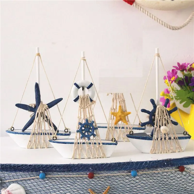 

Solid Wood Handmade Sailing Model Cotton Net Boat Home Decorations Wooden Crafts Ornaments Nautical Starfish Lifebuoy Rudder