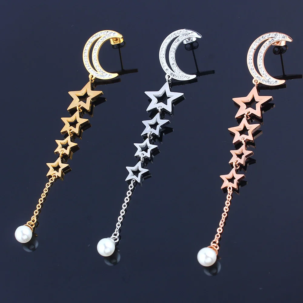 

MWM Stainless Steel long gold earring 2018 women star moon dangle pearl earring cz fashion jewelry wedding engagement earring