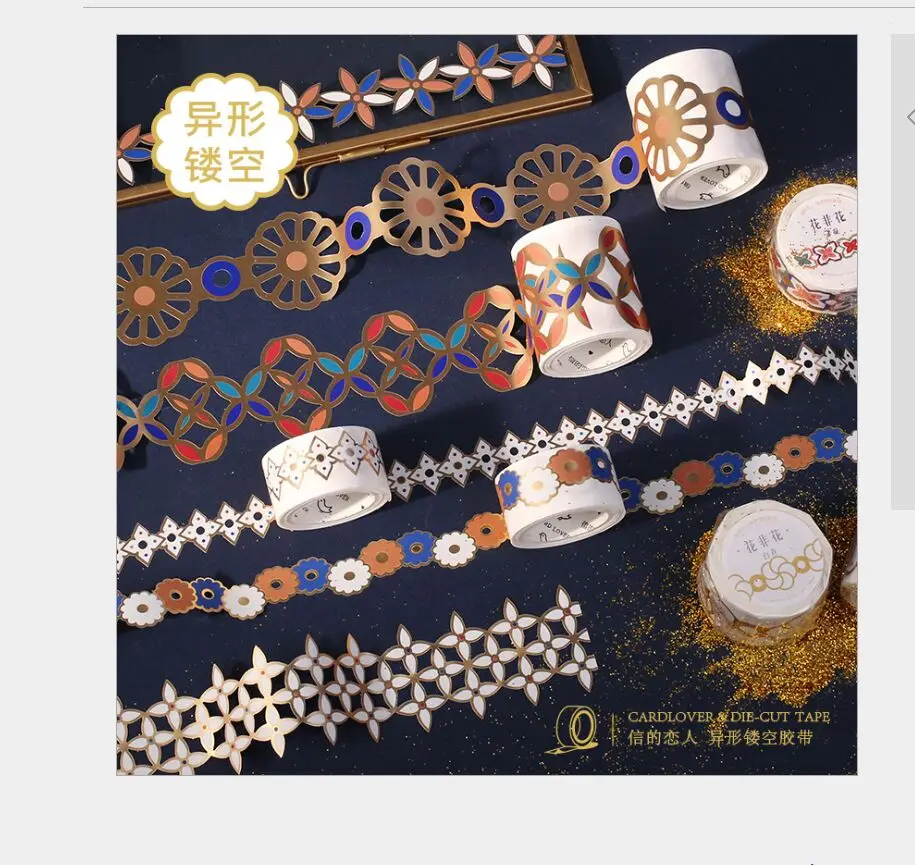 

Synthetic paper shaped Gold hollow out flower vintage lace sticker decoration washi tape DIY planner diary masking tape