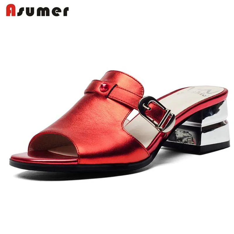 

ASUMER 2018 new arrive sandals women shoes elegant solid buckle slip on med heel genuine leather sandals summer lady dress shoes