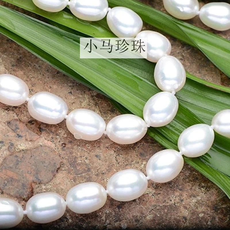 Women Gift word 925 Sterling silver real Mail pony natural freshwater pearls, rice shaped necklace, 9-10MM luxury authentic, str