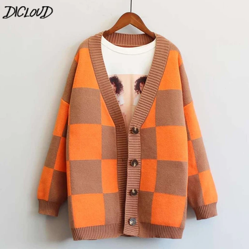 

DICLOUD Oversized Sweaters Women 2018 Winter Woolen Cardigan Ladies Korean Plus Size Coats Woman Plaid Knited Sweater Female