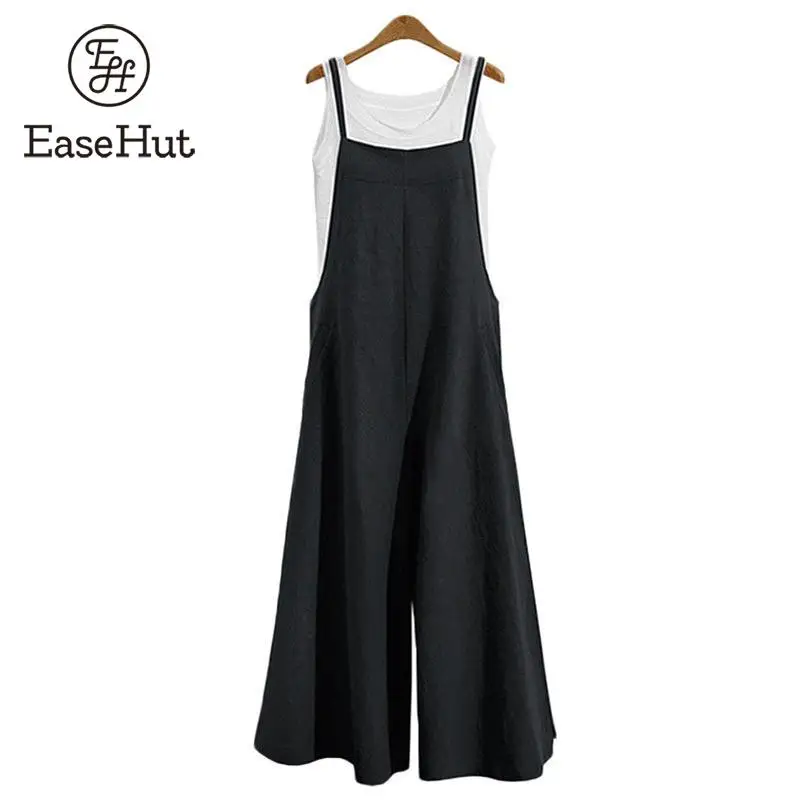 EaseHut Plus Size S-3XL Women Cotton Linen Pocket Long Wide Leg Romper Strappy Dungaree Bib Overalls Casual Loose Solid Jumpsuit