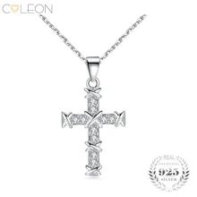 Coleon 100% 925 Silver Gem Cross Pendant Necklace Fashion Sterling Silver Necklaces Fine Jewelry for Women as Wedding Party