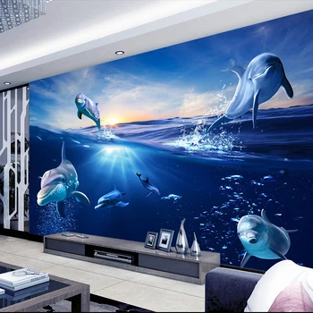 

Custom 3D Cartoon Mural Wallpaper Sunrise Dolphin Out Of The Water Photo Wall Paper For Kids Bedroom TV Background Home Decor