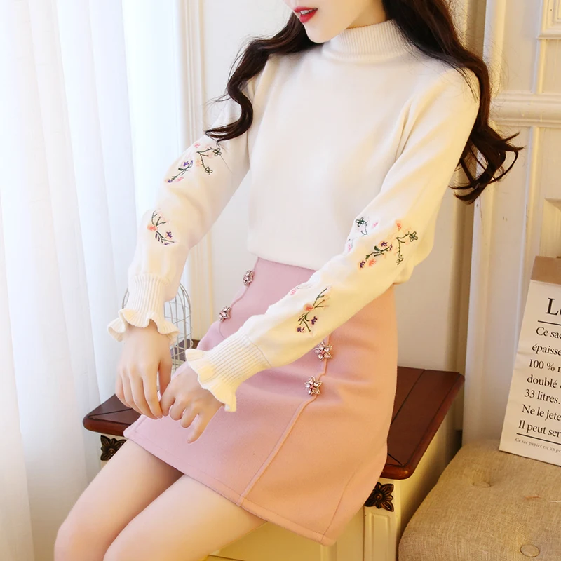 

Half a turtleneck embroidery flower knitting pullover sweater suit new winter skirt two-piece clothing set students outfit