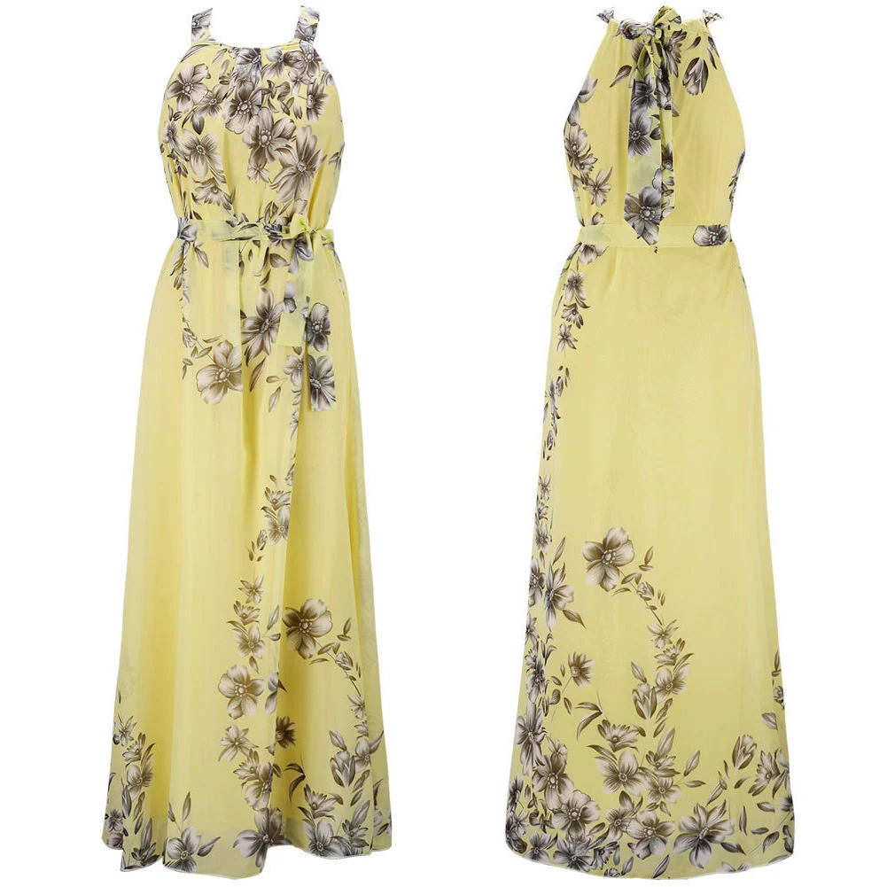 

Newly Women Print Long Dress Bohemian Strappy Sleeveless Chiffon Dress for Summer DOD886