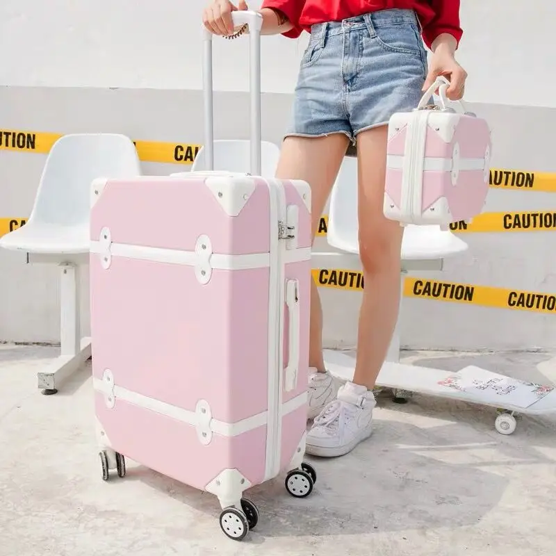 Suitcase on wheels Women hard retro rolling luggage set trolley