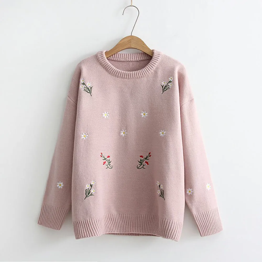 Pull Femme, осенне-зимний корейский свитер с вышивкой, пуловер, трикотажная повседневная одежда для девочек, осенне-зимний женский хлопковый свитер - Цвет: Розовый
