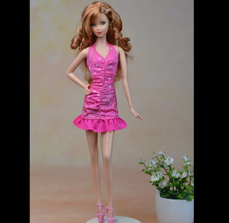 Розовый Ручная работа Высокое качество Одна деталь короткое платье; с воланами край платье Vestido для Барби Куклы для 1/6 куклы аксессуары