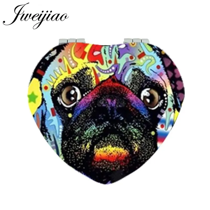 

JWEIJIAO Painting Pug Dog Makeup Mirrors Heart Shaped Pet Dogs Folding Mini Pocket PU Leather Mirror 1X/2X Magnifying