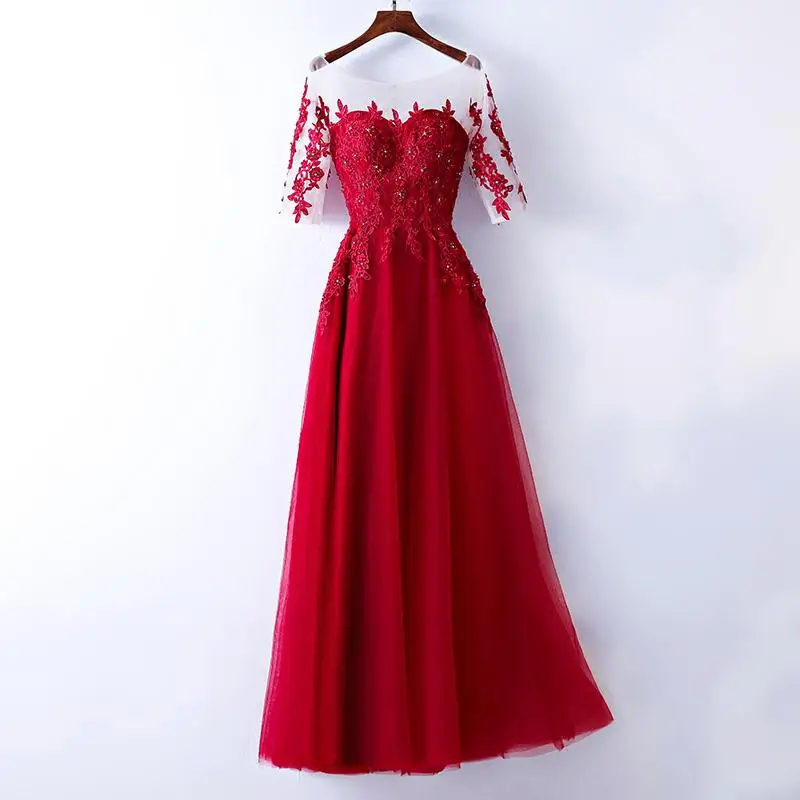 Винтажные вечерние платья Mrs Win, вечерние платья трапециевидной формы с круглым вырезом, классическое платье с вышивкой, vestido de festa Robe De Soiree F - Цвет: wine red long
