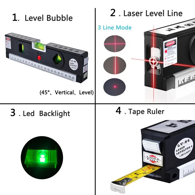 

4 In 1 Blister Laser Levels Horizon Vertical Magnetic Measuring Tape Aligner Marking Lines Ruler Tools --M25