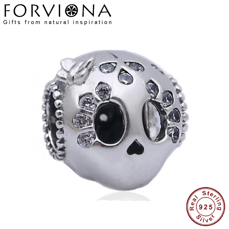 

100% 925 Sterling Silver bead Sparkling Skull Charm Fit Original Pandora bracelet for woman DIY jewelrly or gift