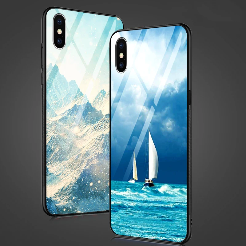 

Cases Phone Shell For iPhone 5 6 6s 7 8 Plus X XR Painted Sea Mountains Scenery Tempered Glass Back Cover