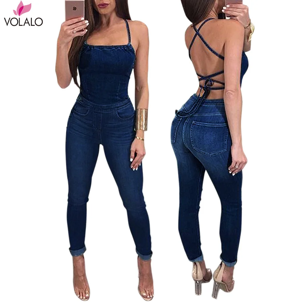 VOLALO Sleeveless Backless Tie Back Snap Buttons Lace Up Women's Bodysuits Summer Jean Playsuits Jumpsuits Bodice Rompers New