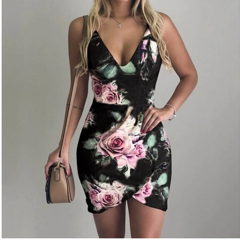 

Feitong Ladies Sexy Club Dress Women Fashion Deep V Neck Sleeveless Flower Slim Fit Printing Bodycon Dress vestidos verano 2019