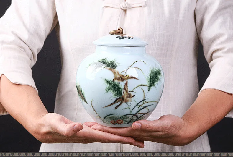 Китайская керамическая Egret большая чайная коробка, фарфоровая герметичная чайная коробка кунг-фу, бутылки и банки для хранения, декоративная ваза