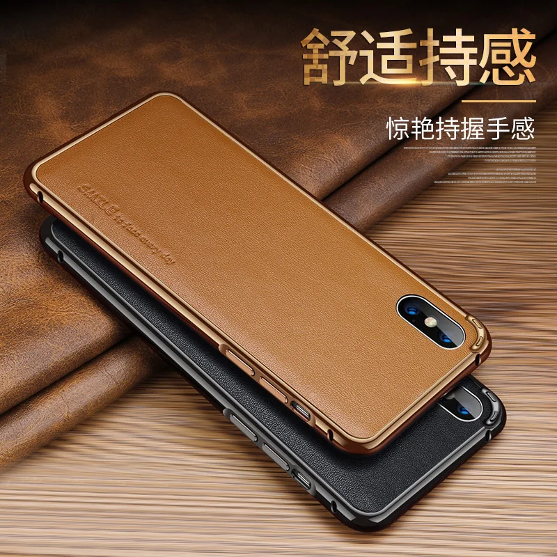  For iphone XS Max Case Aluminum Metal Frame + Genuine Leather Sticker Back Phone Case for iphone XR