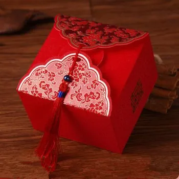 

Free shipping 9*9*5.7cm big size chinese red wedding cake favor boxes with tassels , MDL2