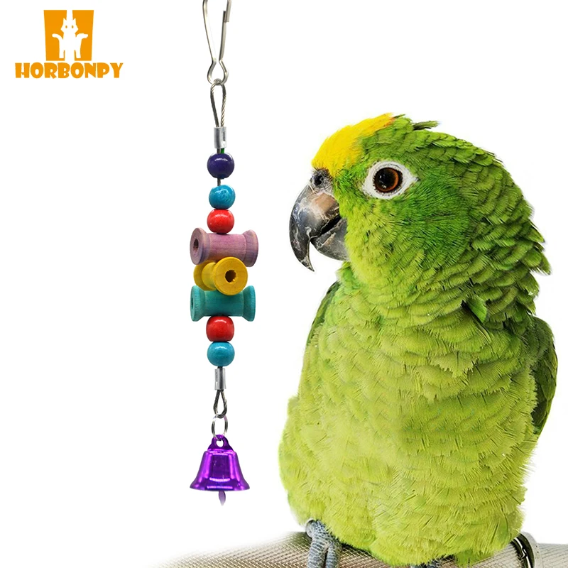 HORBONPY Funny Parrot Toys wood Suspension Hanging Chain Bell ringing Pet Bird Parrot Chew Toys Bird Cage Toys for Bird supplies