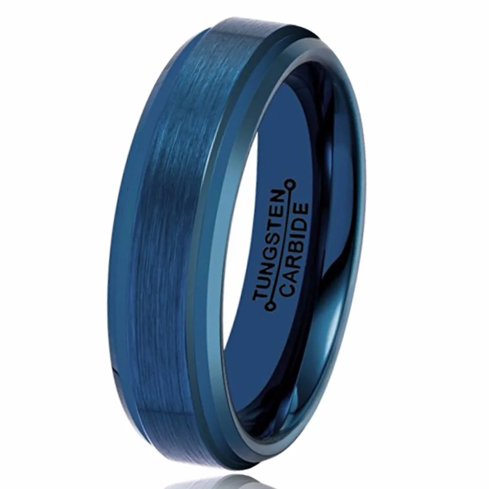6mm Blue Brushed Unisex Tungsten Carbide Ring Men Women Wedding Band