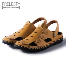 Prelesty летние мужские сандалии дышащие из моды ручной работы Эластичная лента из коровьей кожи Водонепроницаемый пляжная обувь на плоской подошве