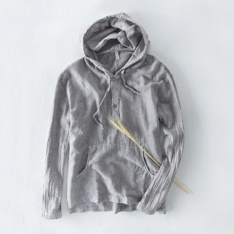 

2018 Spring And Autumn Men Fashion Brand Vintage Classic Striped Cotton Linen Hooded Sweatshirts Male Casual Pullover Sweatshirt