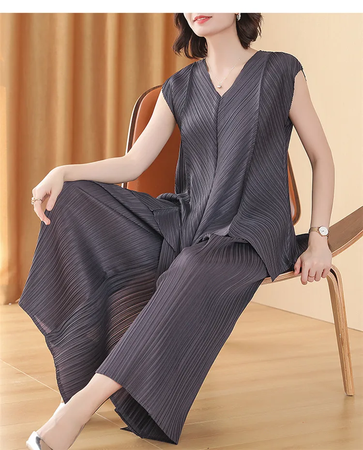 Azterumi, летние свободные женские комплекты, модные Плиссированные Длинные футболки и однотонные широкие брюки, женский костюм, высокое качество, комплект из 2 предметов
