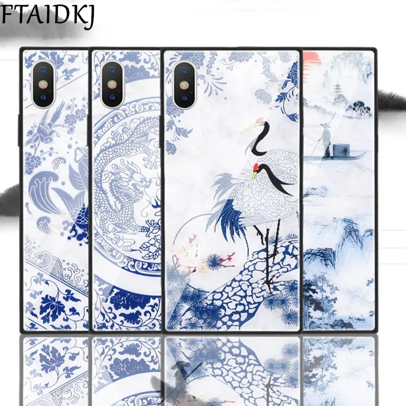 

FTAIDKJ China Style Blue And White Porcelain Marble Case For iPhone X 10 7 8 Plus 6 6S Plus Luxury Square Tempered Glass Cover