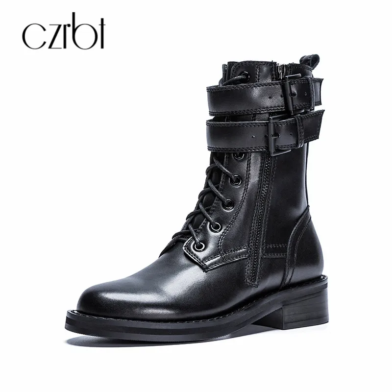 

CZRBT Women Shoes Genuine Leather Women Boots Cross Tied Ankle Boots Riding Equestraian Natural Suede Black Women Flat Boots