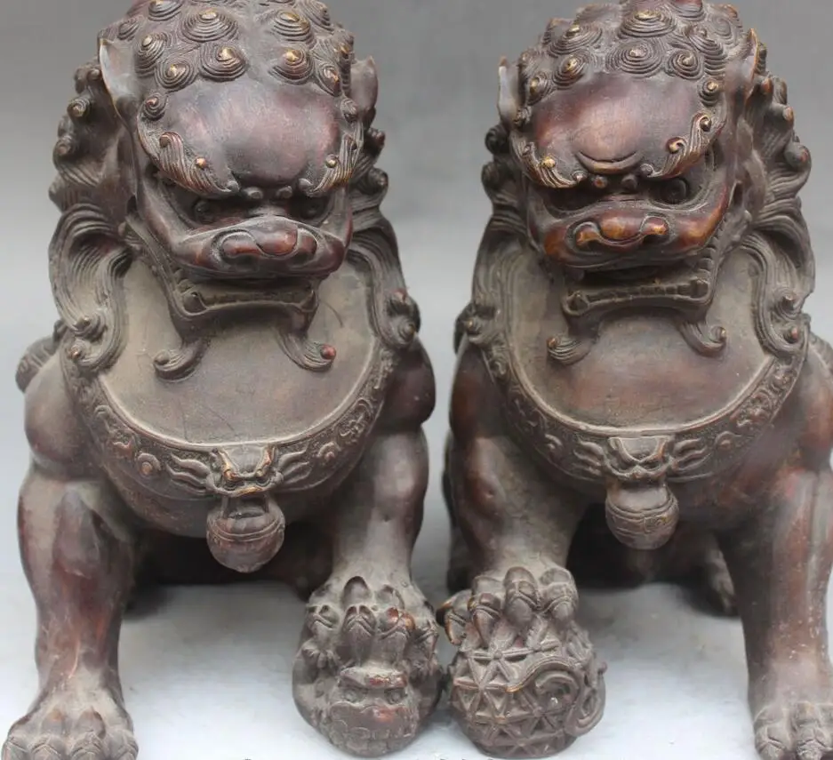 

6711007++12" Fol Chinese Copper Bronze Door Guardian Foo Fu Dog Lion Ball Kid Statue Pair