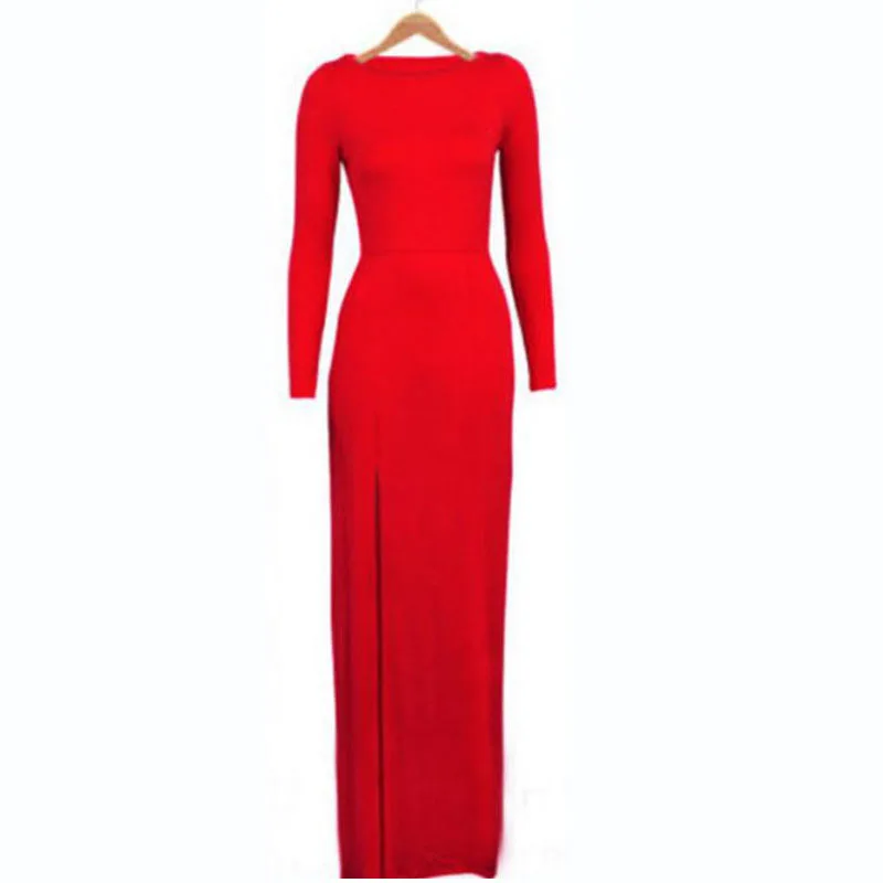 

Women's Maxi Dress 4 Colors 2018 Formal Long Sleeve Skinny Round Neck Split Slim Bodycon Pencil Dresses Red Black Rose CS8023b